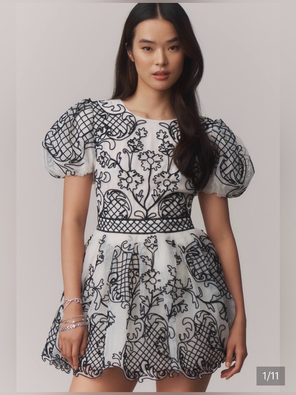 Maeve Mini Dress with Puff Sleeves and Black Embroidery